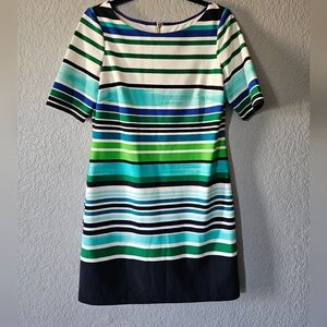 Eliza J Striped Shift Dress in Green, Blue & White Size 6